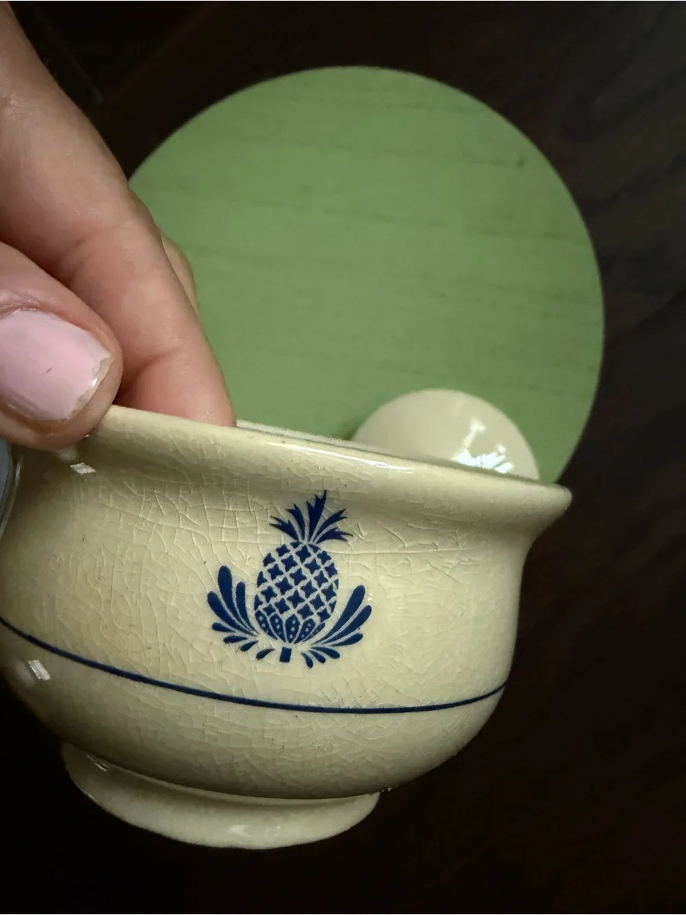 Cream Ceramic Covered Sugar Bowl with Blue Pineapple Motif